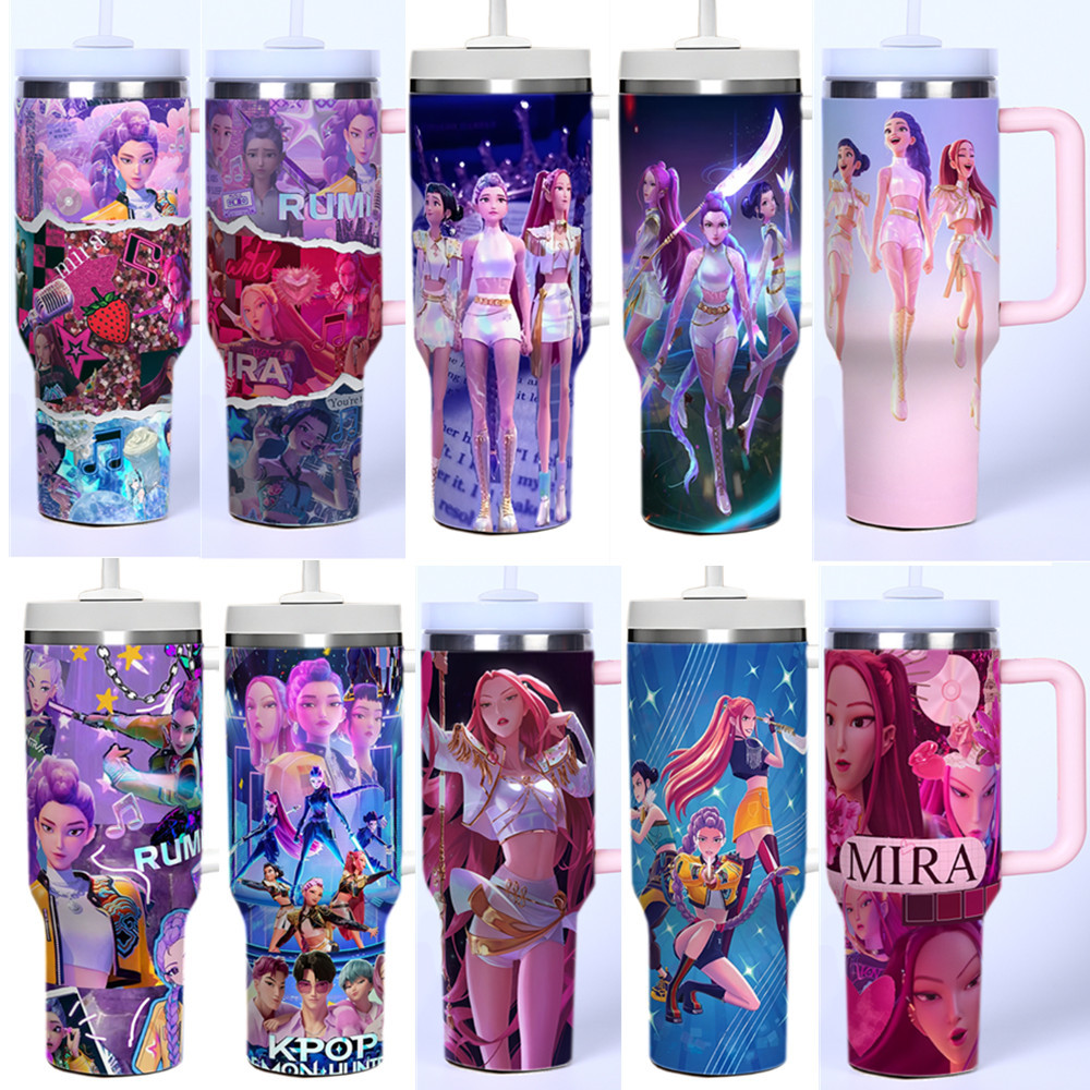 K POP Huntrix 40oz Ice Tumbler With Handle And Straw 304 Stainless Steel Liner 201 Stainless Steel Shell Large Capacity Car Cup For Mira Zoey Rumi Fans