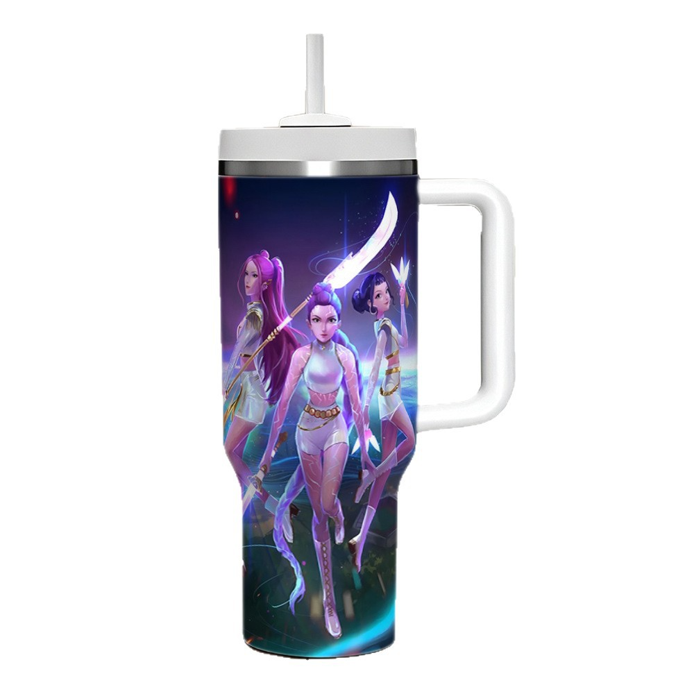 K POP Huntrix 40oz Ice Tumbler With Handle And Straw 304 Stainless Steel Liner 201 Stainless Steel Shell Large Capacity Car Cup For Mira Zoey Rumi Fans