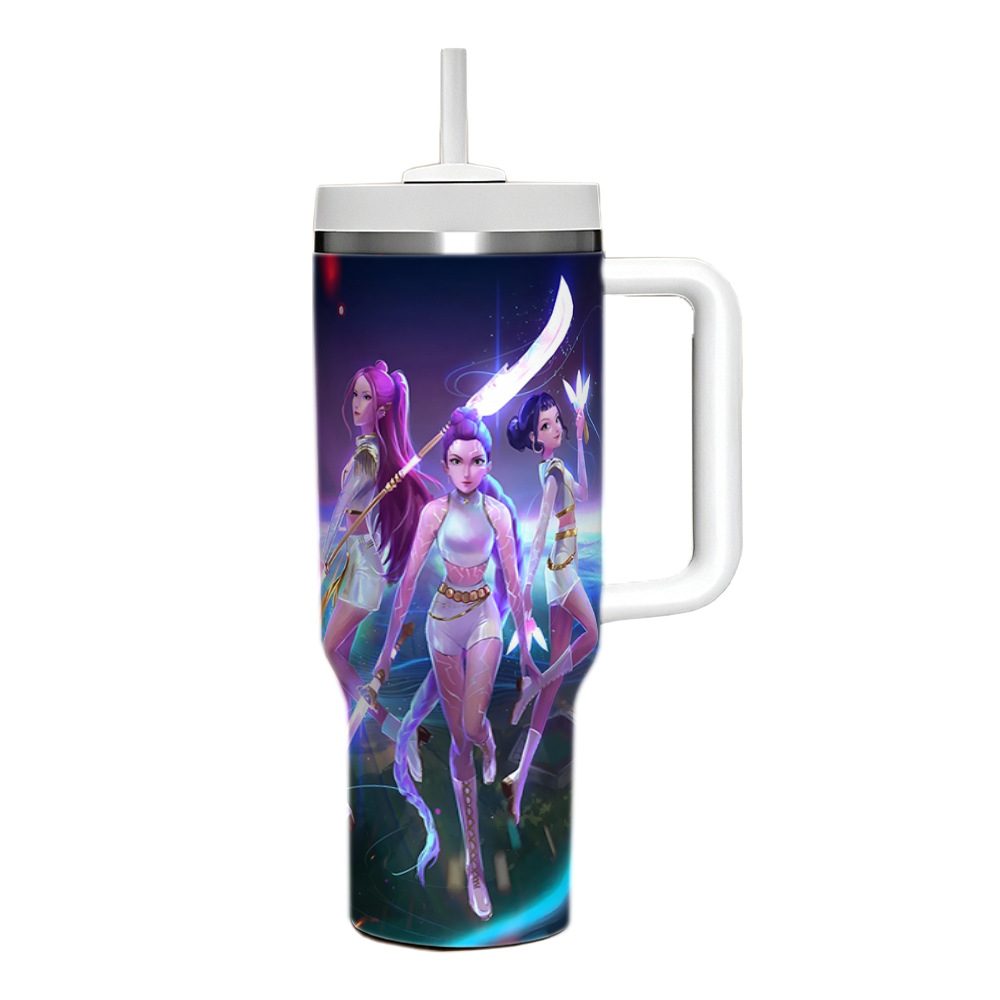K POP Huntrix 40oz Ice Tumbler With Handle And Straw 304 Stainless Steel Liner 201 Stainless Steel Shell Large Capacity Car Cup For Mira Zoey Rumi Fans