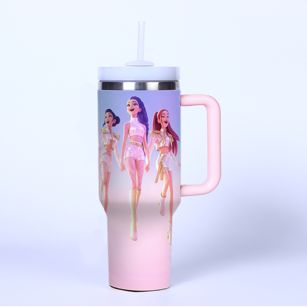 K POP Huntrix 40oz Ice Tumbler With Handle And Straw 304 Stainless Steel Liner 201 Stainless Steel Shell Large Capacity Car Cup For Mira Zoey Rumi Fans
