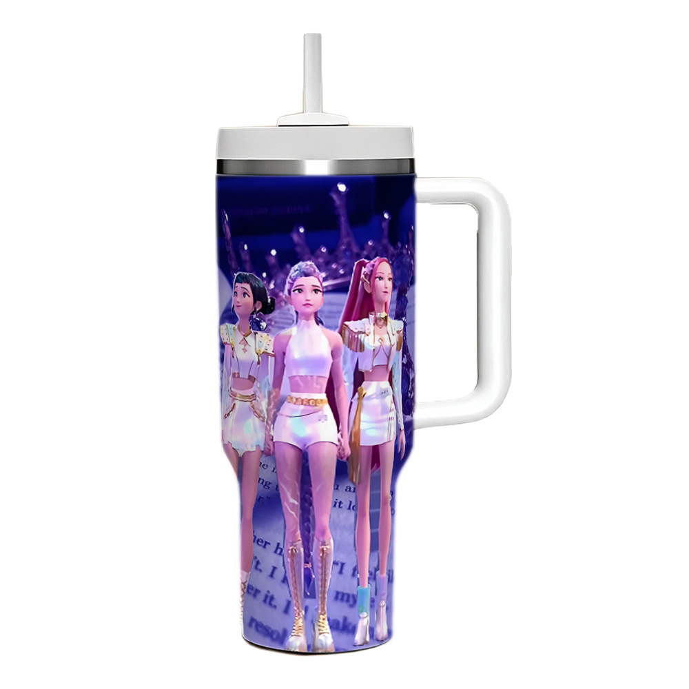 K POP Huntrix 40oz Ice Tumbler With Handle And Straw 304 Stainless Steel Liner 201 Stainless Steel Shell Large Capacity Car Cup For Mira Zoey Rumi Fans