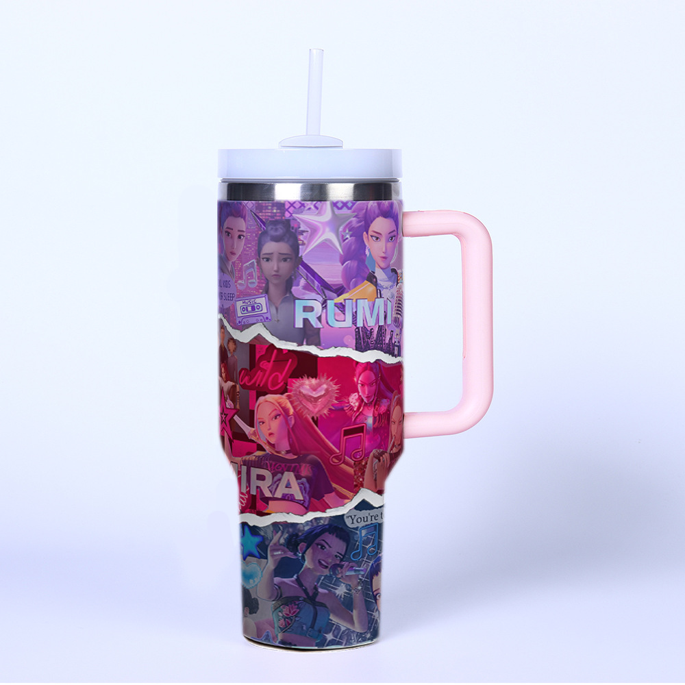 K POP Huntrix 40oz Ice Tumbler With Handle And Straw 304 Stainless Steel Liner 201 Stainless Steel Shell Large Capacity Car Cup For Mira Zoey Rumi Fans