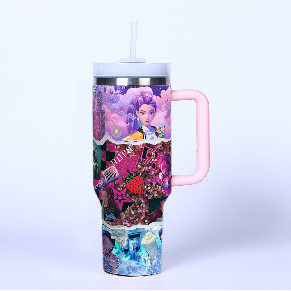 K POP Huntrix 40oz Ice Tumbler With Handle And Straw 304 Stainless Steel Liner 201 Stainless Steel Shell Large Capacity Car Cup For Mira Zoey Rumi Fans
