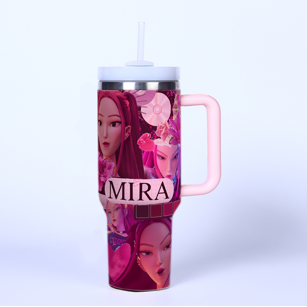 K POP Huntrix 40oz Ice Tumbler With Handle And Straw 304 Stainless Steel Liner 201 Stainless Steel Shell Large Capacity Car Cup For Mira Zoey Rumi Fans