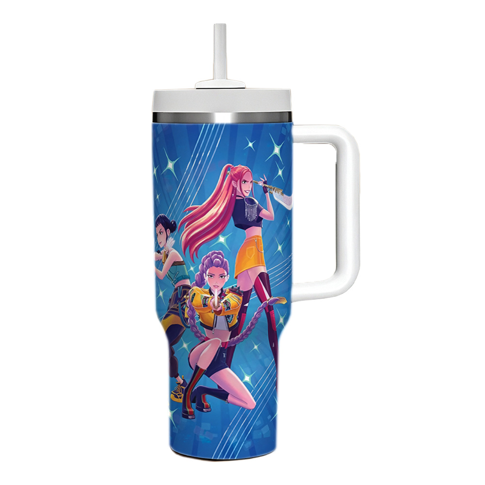 K POP Huntrix 40oz Ice Tumbler With Handle And Straw 304 Stainless Steel Liner 201 Stainless Steel Shell Large Capacity Car Cup For Mira Zoey Rumi Fans