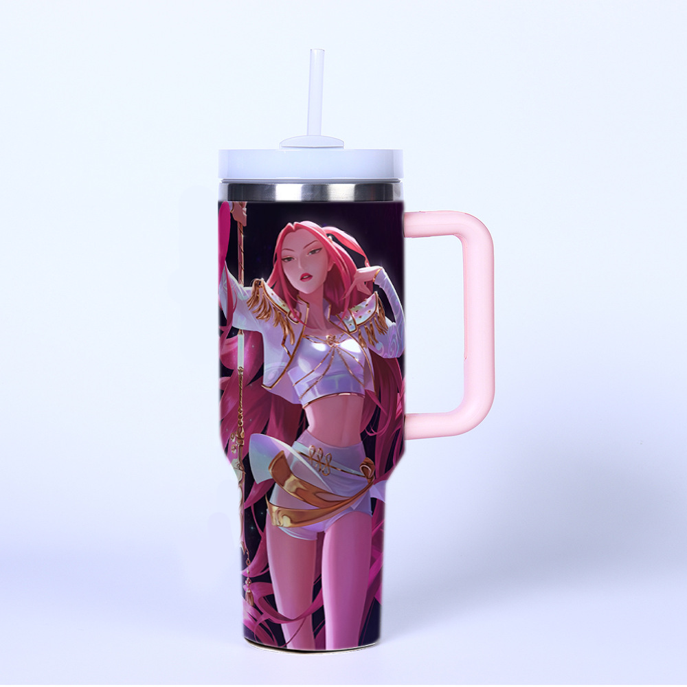 K POP Huntrix 40oz Ice Tumbler With Handle And Straw 304 Stainless Steel Liner 201 Stainless Steel Shell Large Capacity Car Cup For Mira Zoey Rumi Fans
