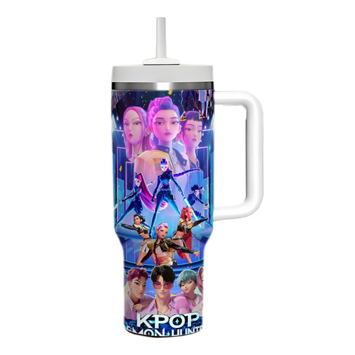 K POP Huntrix 40oz Ice Tumbler With Handle And Straw 304 Stainless Steel Liner 201 Stainless Steel Shell Large Capacity Car Cup For Mira Zoey Rumi Fans